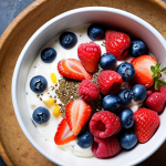 **Homemade Yogurt Bowl:** A vibrant, close-up shot of a bowl of homemade yogurt topped with fresh berries (strawberries, blueberries, raspberries), a drizzle of honey, and a sprinkle of chia seeds. The yogurt should look creamy and thick. The focus is on the healthy ingredients and the delicious appeal.