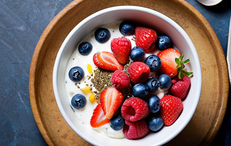 **Homemade Yogurt Bowl:** A vibrant, close-up shot of a bowl of homemade yogurt topped with fresh berries (strawberries, blueberries, raspberries), a drizzle of honey, and a sprinkle of chia seeds. The yogurt should look creamy and thick. The focus is on the healthy ingredients and the delicious appeal.